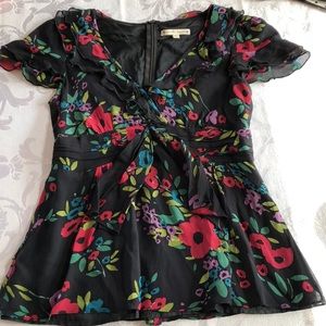 Nanette Lepore Sz 6 Black Silk Floral Top